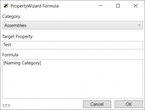 PropertyWizard Formulas dialog showing an Assemblies formula