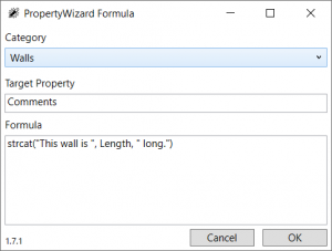 PropertyWizard Formula window showing string concatenation formula using the strcat() function