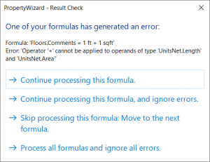 PropertyWizard Result Check dialog showing a Type Mismatch error