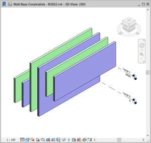 3D Revit view showing example walls coloured by their Base Constraint Level