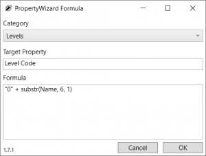 PropertyWizard Formula Window showing simple Level Code formula using substr