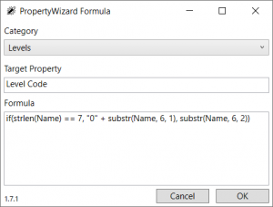 PropertyWizard Formula Window showing simple Level Code formula using strlen and substr