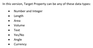 Extract from the PropertyWizard Help showing the allowable Target Property data types.