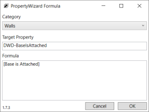 PropertyWizard Formula window showing a formula for the category 'Walls', Target Property is 'DWD-BaseIsAttached' and the Formula text is "[Base is Attached]