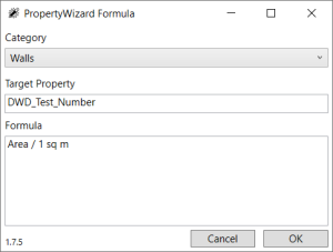 PropertyWizard Formula window showing a formula for the category 'Walls', Target Property is 'DWD_Test_Number' and the Formula text is 'Area / 1 sq m'