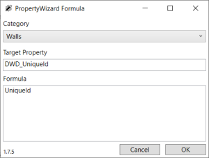 PropertyWizard Formula window showing a formula for the category 'Walls', Target Property is 'DWD_UniqueId' and the Formula text is 'UniqueId'