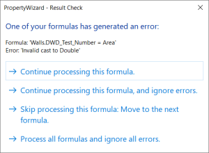 PropertyWizard Result Check dialog showing an error: 'Invalid cast to Double'