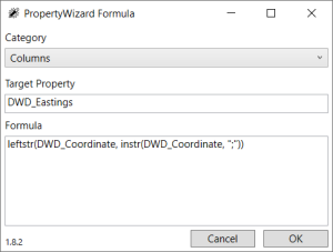 PropertyWizard Formula window showing a formula for the category 'Columns', Target Property is 'DWD_Eastings' and the Formula text is 'leftstr(DWD_Coordinate, instr(DWD_Coordinate, ";"))'