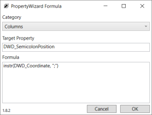 PropertyWizard Formula window showing a formula for the category 'Columns', Target Property is 'DWD_SemicolonPosition' and the Formula text is 'instr(DWD_Coordinate, ";")'