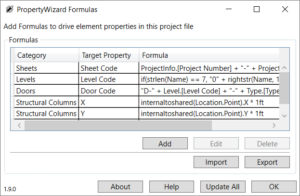 PropertyWizard Formulas window showing example formulas